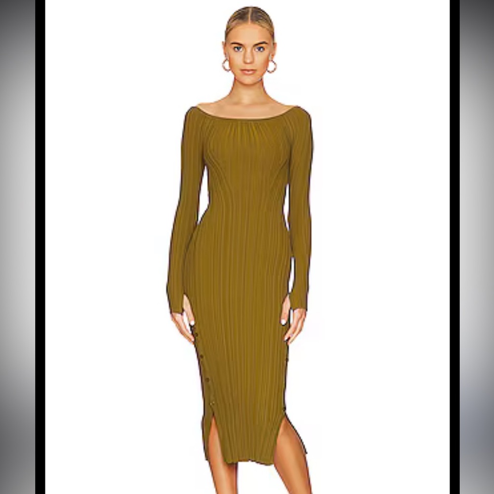 LPA Salome Knit Ribbed Midi Sweater Dress in Chartreuse